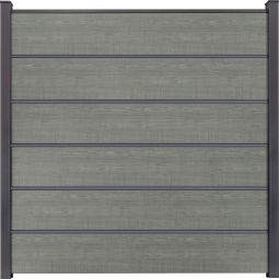GroJa BasicLine Premium PVC-steekzaun schutting Grey Ash Cut privacyscherm lamellenomheining Bouwsysteem uit 6 vullingen, 5 pilasters, afstandsstukken en afwerkingsprofiel, 180x180x1,9 cm