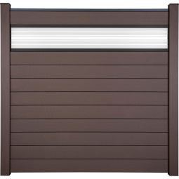 GroJa Solid Steekzaun Schutting met 30 cm ESG-glas Designinzet Terra Zichtscherm Steekzaun Lamellenomheining Bouwpakket uit 10 vullingen en een glaselement, 180x180x1,9 cm, met aansluitprofielen, afwerkingsprofiel en afstandsstuk-set