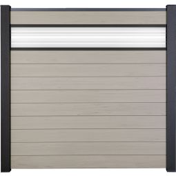 GroJa Solid Steekzaun Schutting met 30 cm ESG-Glas Designinzet Bi-Color Sand Zichtscherm Steekzaun Lamellenomheining Bouwsysteem met 10 vullingen en een glaselement, 180x180x1,9 cm, met adapterlijsten, afwerkingsprofiel en afstandsstuk-set