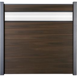 GroJa Solid steekzaun schutting met 30 cm ESG-glas designinzet Walnoot co-geëxtrudeerd privacyscherm steekzaun lamellenomheining Bouwsysteem uit 10 vullingen en een glaselement, 180x180x1,9 cm, met adapterlatten, afwerkingsprofiel en afstandsset