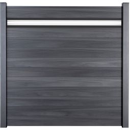 GroJa Solid Steekzaun Schutting met 30 cm ESG-glas designinzet Steengrijs co-geëxtrudeerd Zichtscherm Steekzaun Lamellenomheining Bouwsysteem van 10 vullingen en een glasinzet, 180x180x1,9 cm, met adapterleisten, afwerkingsprofiel en afstandsstuk-set