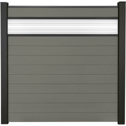 GroJa Solid steekzaun schutting met 30 cm ESG-glas designinzet Grijs privacyscherm steekzaun lamellenomheining Bouwset uit 10 vullingen en een glaselement, 180x180x1,9 cm, met adapterlatten, afwerkingsprofiel en afstandsstukkenset