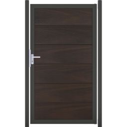 GroJa Einzelpoort Viento schutting Walnoot co-geëxtrudeerd Brede, mee-uitgeperste groef- en tongeprofielen, 4 cm sterke aluminium frame, 100x180x4 cm groot