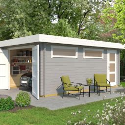 WEKA Enkele garage 441 Hout lichtgrijs met houten poort, 2 ramen en een aparte ingang