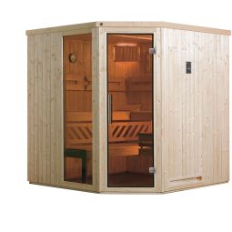 weka Sauna hoeksauna VARBERG natuurlijk gelaten spar inclusief sauna-oven verschillende maten en uitvoeringen
