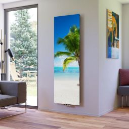 Ximax Ruimteverwarmer Design Radiator P1 Plan Print Palme verticaal Elegante designradiator met 50 mm middentoevoer, gladde bedrukte voorzijde met een palm aan het droomstrand